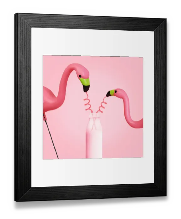 Framed Print : Two flamingos drinking from straws in a bottle Framed Print : Two flamingos drinking from straws in a bottle