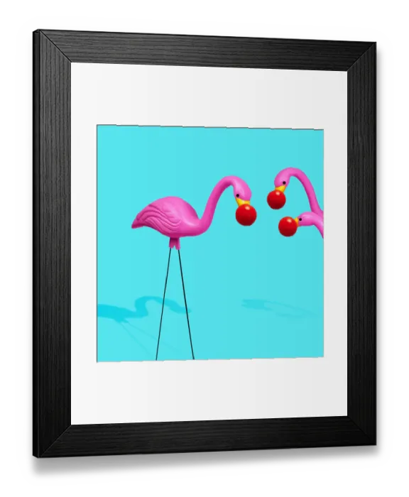 Framed Print : Three plastic flamingos wearing red noses