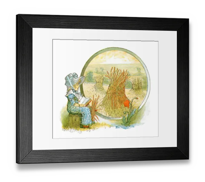 Framed Print : Little girl reading in a harvest field (Victorian illustration)