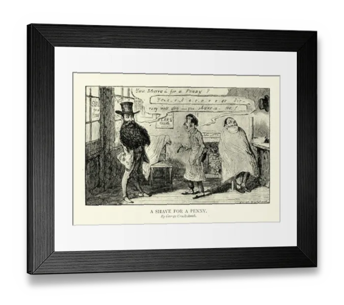Framed Print : Caricature of a barbers shop, shave for a penny Framed Print : Caricature of a barbers shop, shave for a penny