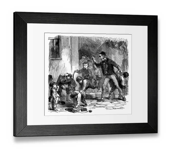Framed Print : Boy being birched by his school teacher in front of building Framed Print : Boy being birched by his school teacher in front of building