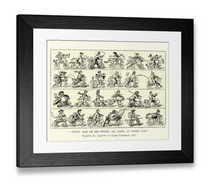 Framed Print : Caricature of early cyclists, history of cycling early 19th Century Framed Print : Caricature of early cyclists, history of cycling early 19th Century