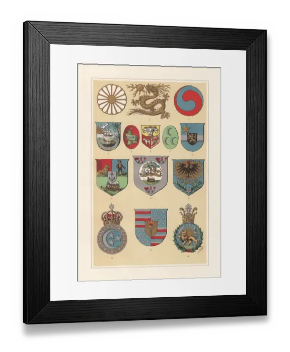 Framed Print : Coat of arms of African and Asian countries, chromolithograph, published 1897 Framed Print : Coat of arms of African and Asian countries, chromolithograph, published 1897