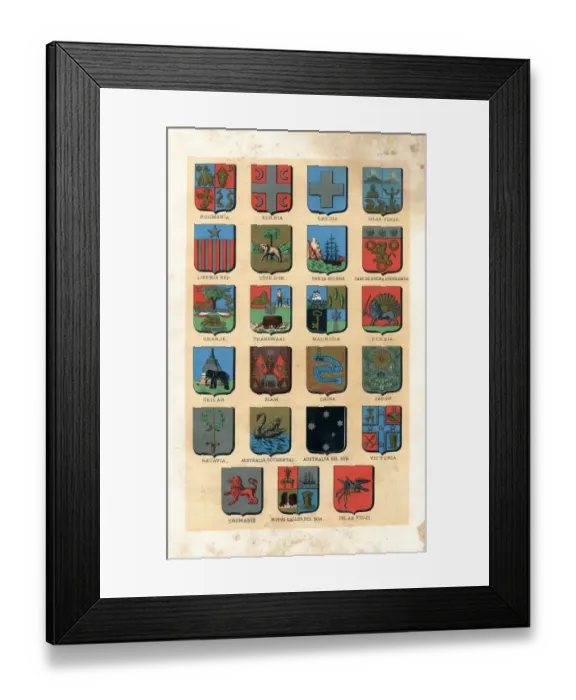 Framed Print : Different antique badges of countries 1887 Framed Print : Different antique badges of countries 1887