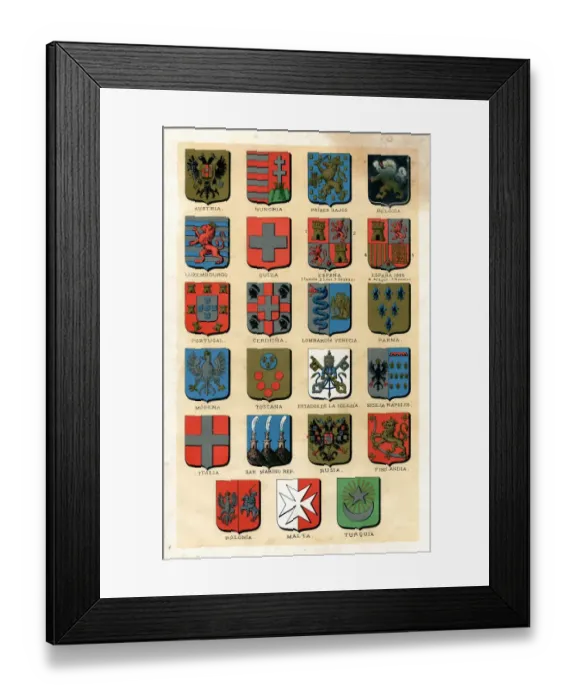 Framed Print : Different antique badges of countries 1887 Framed Print : Different antique badges of countries 1887