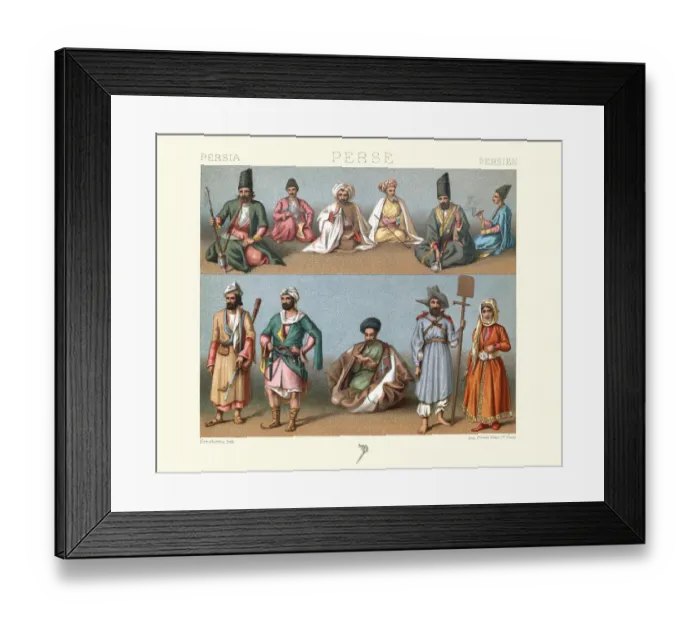 Framed Print : Traditional costumes of Persia, 19th Century, Smokers, soldier, muletteer, Armenians Framed Print : Traditional costumes of Persia, 19th Century, Smokers, soldier, muletteer, Armenians