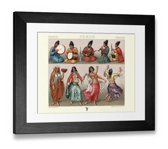 Framed Print : Dancing women and musicians, Traditional costumes of Persia, 19th Century Framed Print : Dancing women and musicians, Traditional costumes of Persia, 19th Century