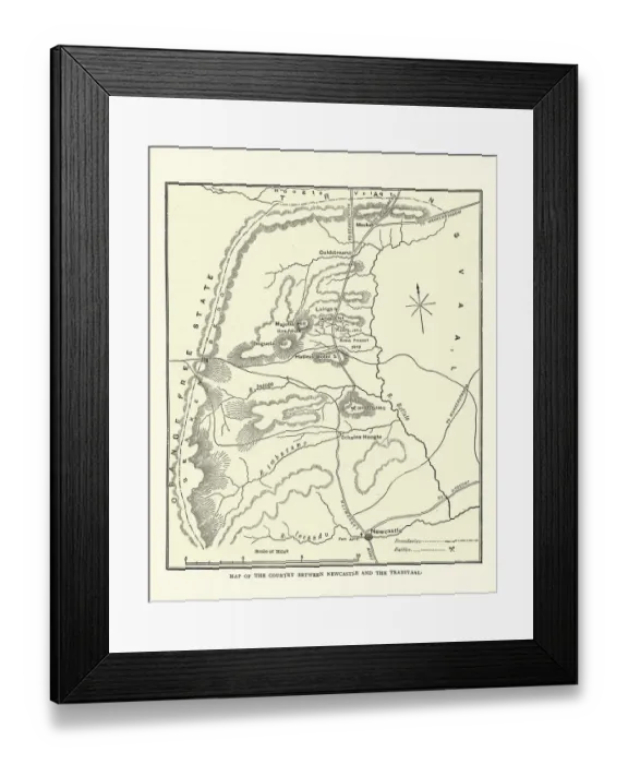 Framed Print : Map of the area between Newcastle and Transvaal South Africa