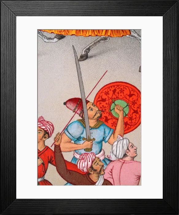 Framed Print : Mughal Indian warriors with sword and shield, 19th Century Framed Print : Mughal Indian warriors with sword and shield, 19th Century
