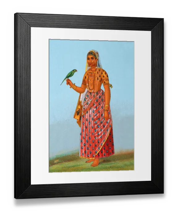 Framed Print : Costume of a Maratha Indian woman holding parrot Framed Print : Costume of a Maratha Indian woman holding parrot