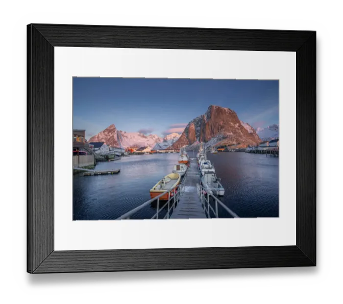 Framed Print : Beautiful winter landscape of picturesque harbor with fishing boat Framed Print : Beautiful winter landscape of picturesque harbor with fishing boat