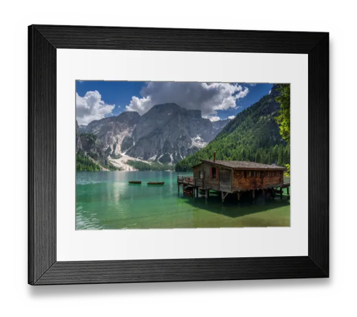 Framed Print : Beautiful landscape of Braies Lake (Lago di Braies) with wooden bridge Framed Print : Beautiful landscape of Braies Lake (Lago di Braies) with wooden bridge