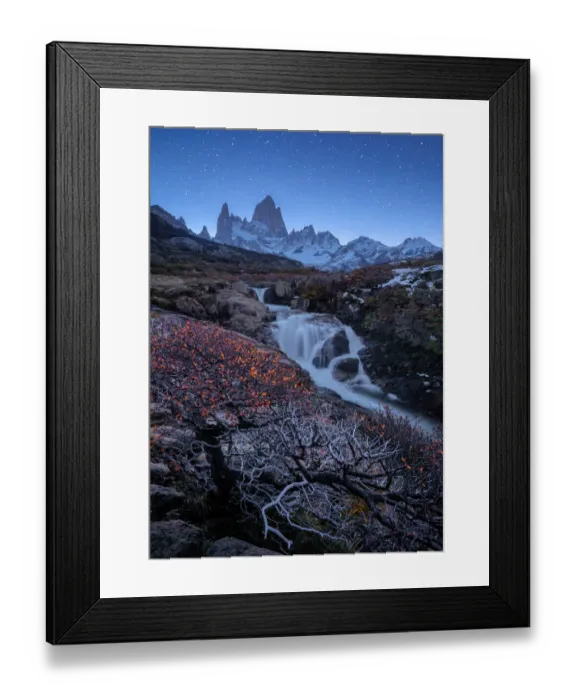 Framed Print : Wonderful view of waterfall and Fitz Roy mountain, Patagonia, El Chalten, Argentina Framed Print : Wonderful view of waterfall and Fitz Roy mountain, Patagonia, El Chalten, Argentina