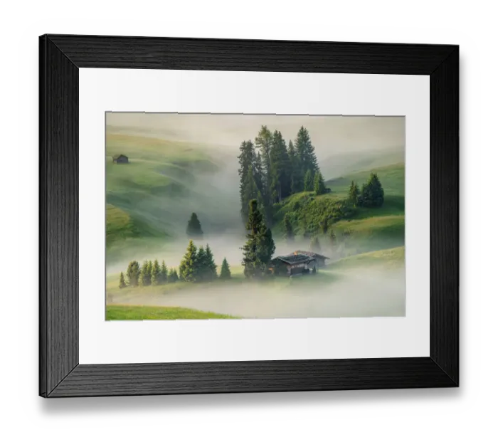 Framed Print : Misty landscape view in Alpe di Siusi or Seiser Alm at beautiful sunrise Framed Print : Misty landscape view in Alpe di Siusi or Seiser Alm at beautiful sunrise