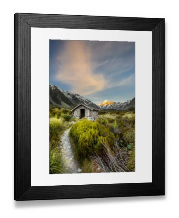 Framed Print : Shelter at Hooker Valley track with Mount Cook as background at Aoraki Mount Cook