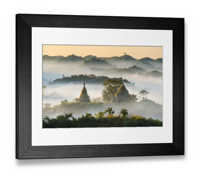 Framed Print : Pagodas and temples in the mist in Mrauk U, Myanmar. In the Morning time Framed Print : Pagodas and temples in the mist in Mrauk U, Myanmar. In the Morning time