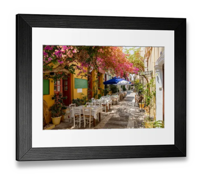 Framed Print : Restaurant in an alley under a bougainvillea tree Framed Print : Restaurant in an alley under a bougainvillea tree