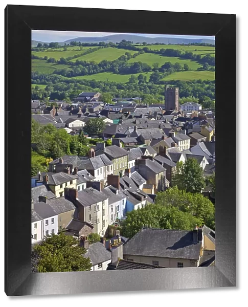 Brecon. Wales, Powys, Brecon - view over market town to Brecon Beacons