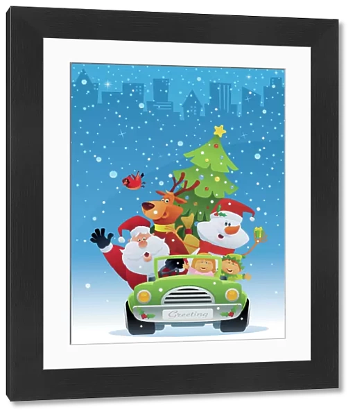 Santa with a reindeer and snowman in a car