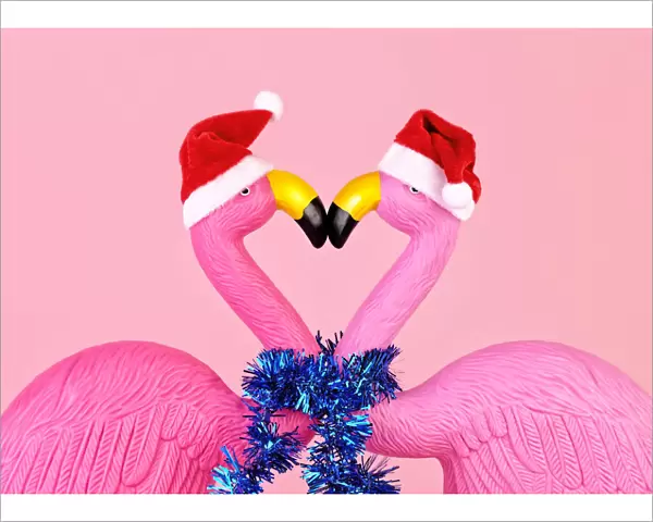 Flamingos in Santa hats