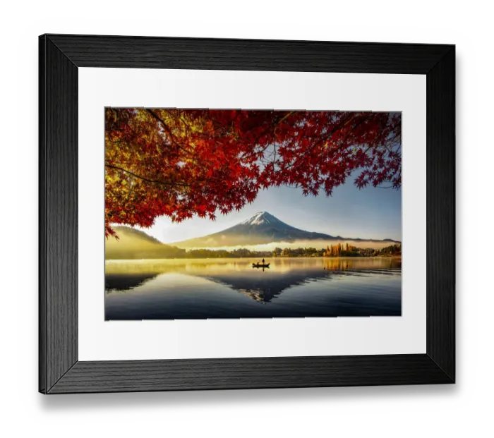 Framed Print : Fuji Mountain and Fisherman Boat with Morning Mist in Autumn, Kawaguchiko Lake, Japan Framed Print : Fuji Mountain and Fisherman Boat with Morning Mist in Autumn, Kawaguchiko Lake, Japan