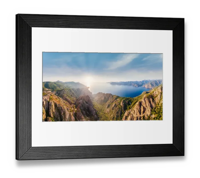 Framed Print : Panoramic aerial view of Calanches de Piana coastline, Western Corsica Island, France Framed Print : Panoramic aerial view of Calanches de Piana coastline, Western Corsica Island, France