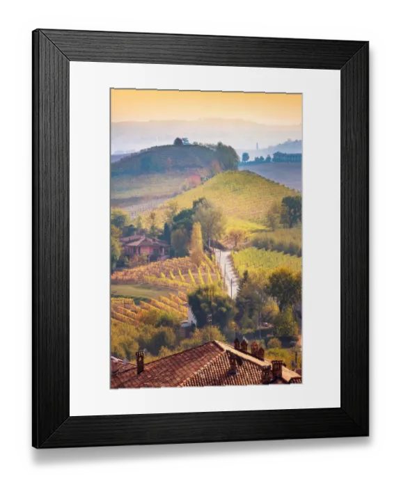 Framed Print : Autumn in Langhe Region, Piedmont, Italy. Vineyards at sunset Framed Print : Autumn in Langhe Region, Piedmont, Italy. Vineyards at sunset