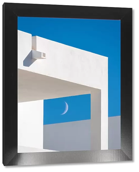 Modern Minimalist Architecture, buildings details with blue sky and half moon