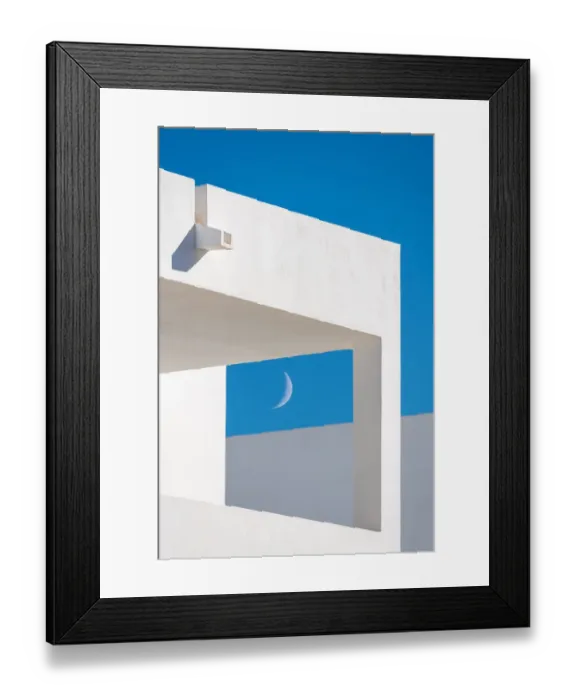 Framed Print : Modern Minimalist Architecture, buildings details with blue sky and half moon