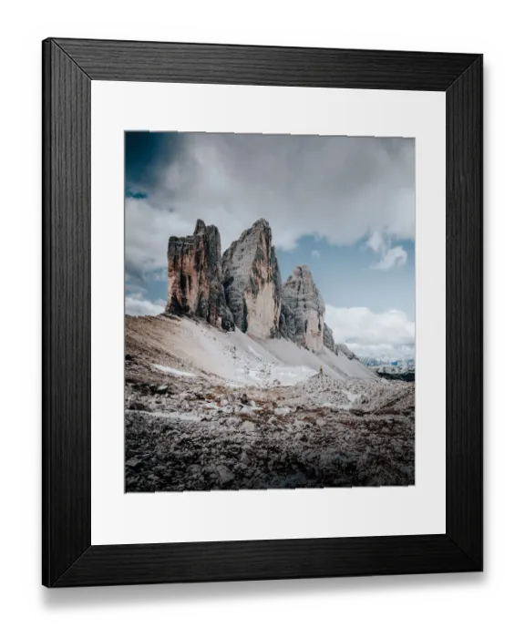Framed Print : Tre Cime di Lavaredo, Dolomites Alps, Italy. hiker silhouette in the distance Framed Print : Tre Cime di Lavaredo, Dolomites Alps, Italy. hiker silhouette in the distance