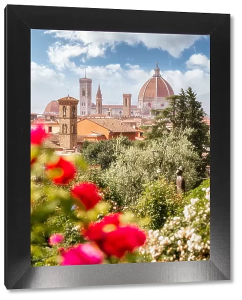 Florence, Tuscany, Italy. Flowers in foreground in springtime