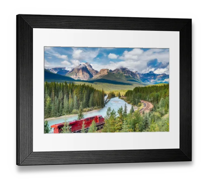 Framed Print : Red train at Morants curve, Banff National Park, Canadian Rockies, Canada