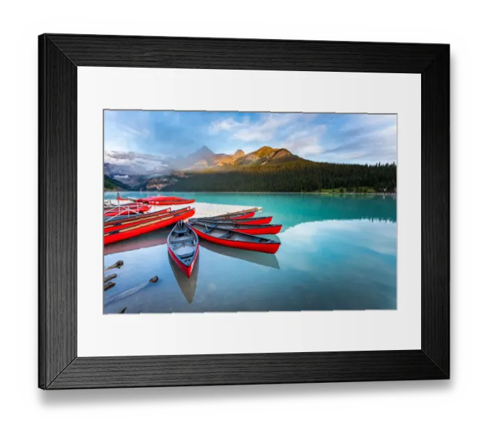 Framed Print : Lake Louise, canoe and kayak on calm water at sunrise. Banff, Canadian Rockies, Canada Framed Print : Lake Louise, canoe and kayak on calm water at sunrise. Banff, Canadian Rockies, Canada