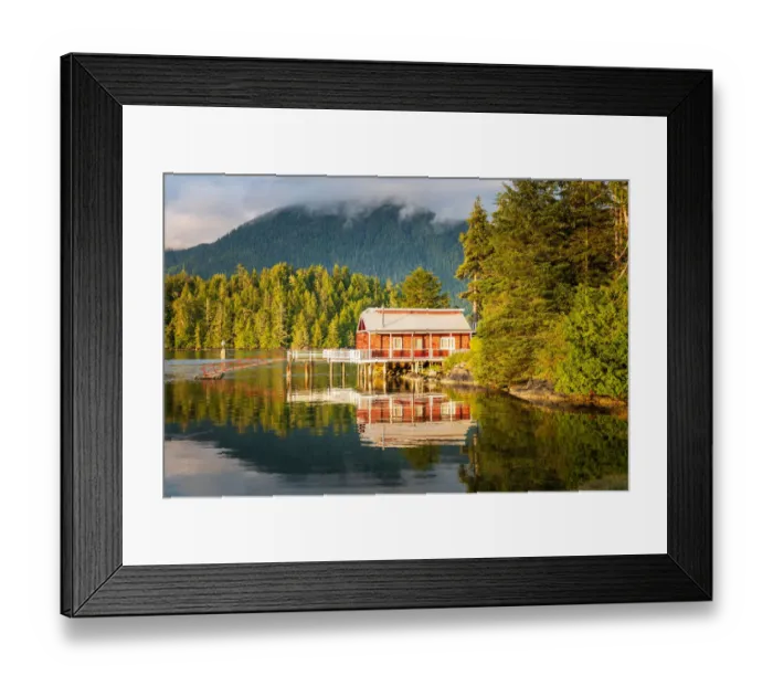 Framed Print : Red dock house with pier over the harbour water in Tofino, Vancouver Island, Canada Framed Print : Red dock house with pier over the harbour water in Tofino, Vancouver Island, Canada