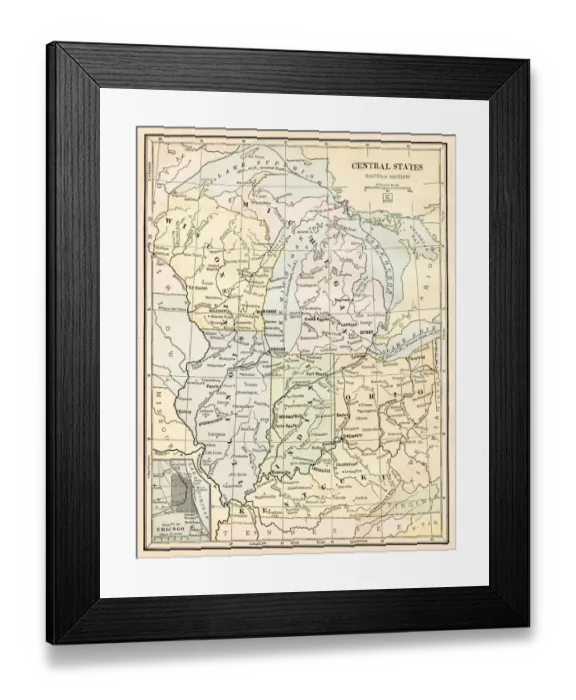 Framed Print : Map of Central States 1888 Framed Print : Map of Central States 1888