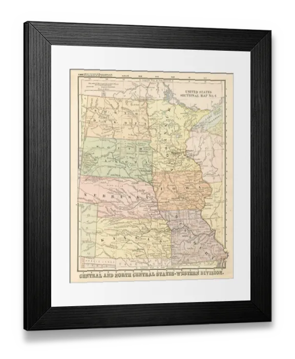Framed Print : Map Central and North Central States 1881
