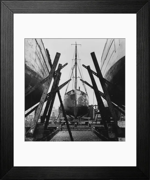Framed Print : Dry Boat. circa 1950: A fishing boat in dry dock, Esbjerg, Denmark Framed Print : Dry Boat. circa 1950: A fishing boat in dry dock, Esbjerg, Denmark