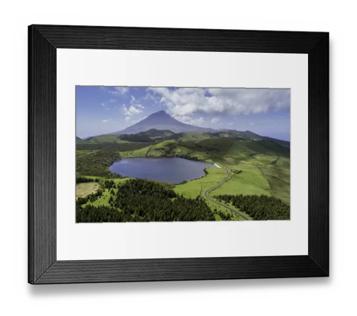 Framed Print : Aerial view of Lagoa do Caiado in the central highlands of Pico Island with Pico Mountain Framed Print : Aerial view of Lagoa do Caiado in the central highlands of Pico Island with Pico Mountain