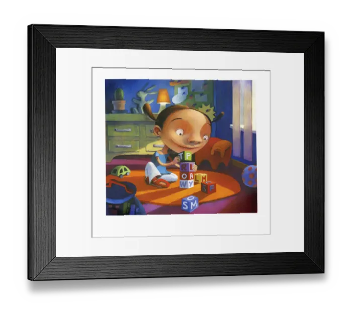 Framed Print : Illustration of a Young Girl Playing With Toy Blocks in Her Bedroom Framed Print : Illustration of a Young Girl Playing With Toy Blocks in Her Bedroom