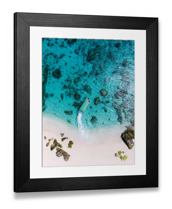 Framed Print : Aerial view of tropical beach and boat on clear water, Kerama Islands, Okinawa, Japan Framed Print : Aerial view of tropical beach and boat on clear water, Kerama Islands, Okinawa, Japan
