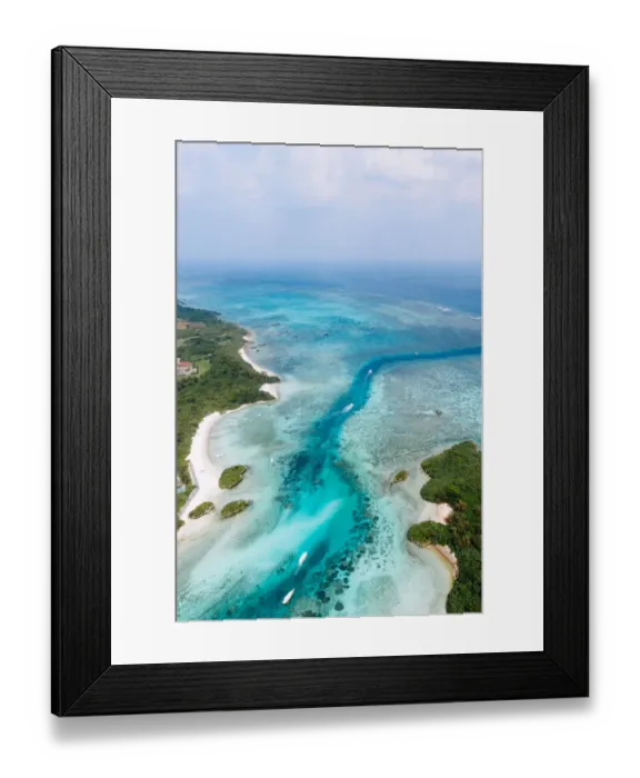 Framed Print : Aerial view of tropical beach and clear water with coral reef, Kabira Bay Framed Print : Aerial view of tropical beach and clear water with coral reef, Kabira Bay