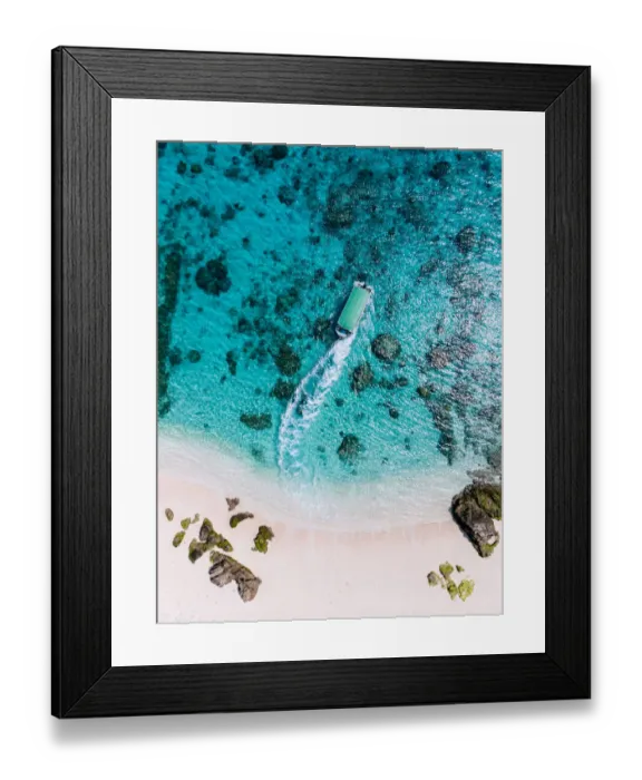 Framed Print : Boat and clear blue tropical water from above, Kerama Islands, Okinawa, Japan Framed Print : Boat and clear blue tropical water from above, Kerama Islands, Okinawa, Japan