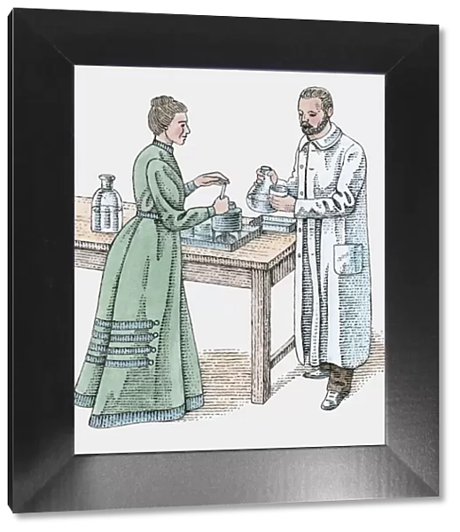 Illustration of Marie and Pierre Curie standing at workbench in laboratory