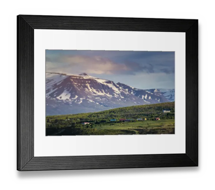 Framed Print : Snow-Capped Mountains and Green Hillside Outside Akureyri, Iceland Framed Print : Snow-Capped Mountains and Green Hillside Outside Akureyri, Iceland