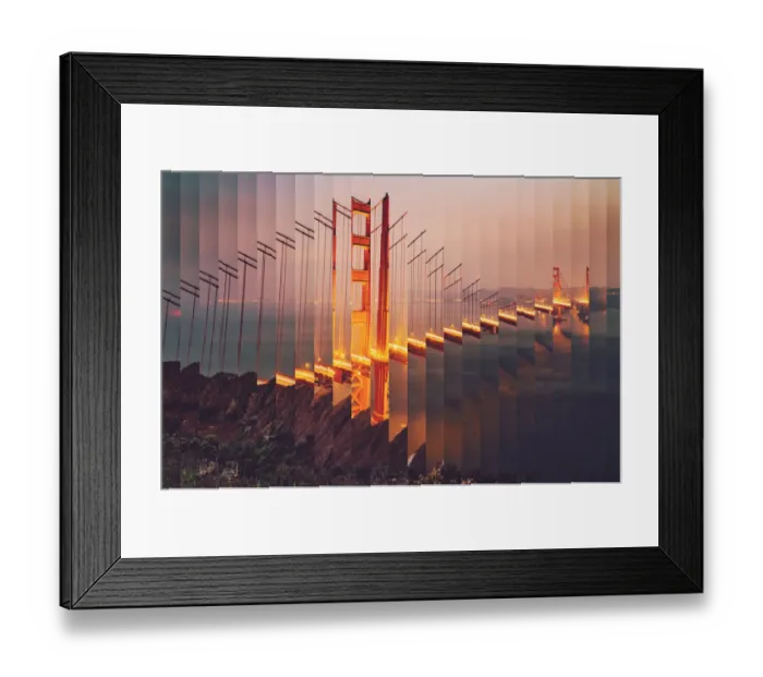 Framed Print : Surreal rearranged strips picture of the Golden Gate bridge at dusk with cool effect Framed Print : Surreal rearranged strips picture of the Golden Gate bridge at dusk with cool effect