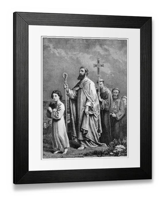 Framed Print : Antique illustration of important people of the past: St Patrick journeying to Tara