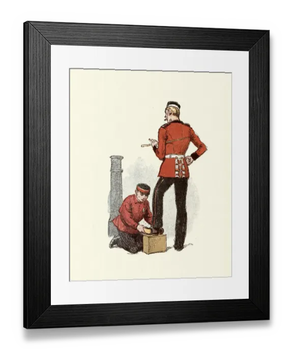 Framed Print : Shoeshiner polishing an officers boats, East London, 19th Century Framed Print : Shoeshiner polishing an officers boats, East London, 19th Century