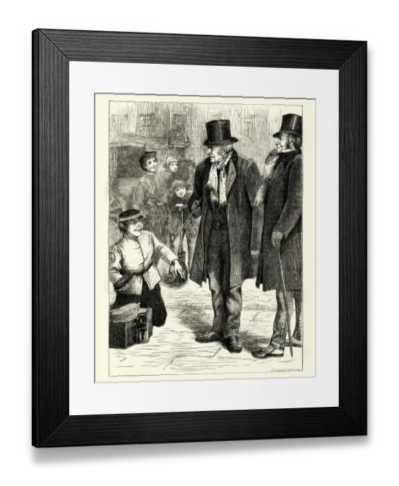 Framed Print : Victorian shoeshine boy offering to polish a mans shoes, 1870 Framed Print : Victorian shoeshine boy offering to polish a mans shoes, 1870