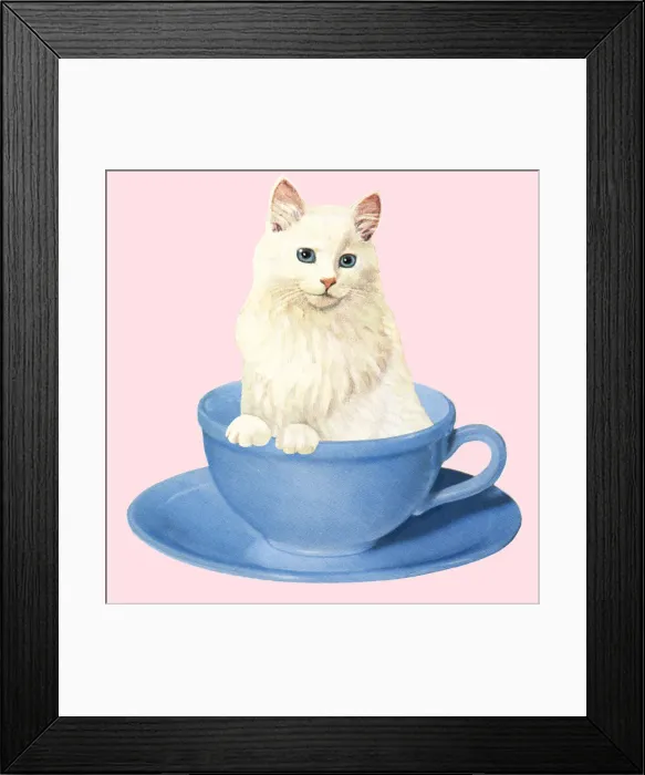 Framed Print : White Cat in a Coffee Cup