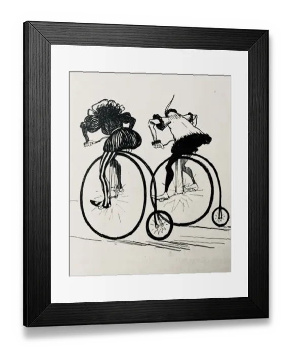 Framed Print : Two Penny farthing bicyclists on tour, rear side view